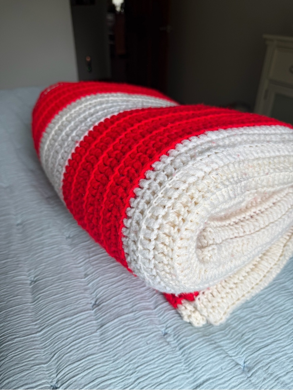 Handmade Red and White Crochet Throw Blanket- Nautical/ Americana